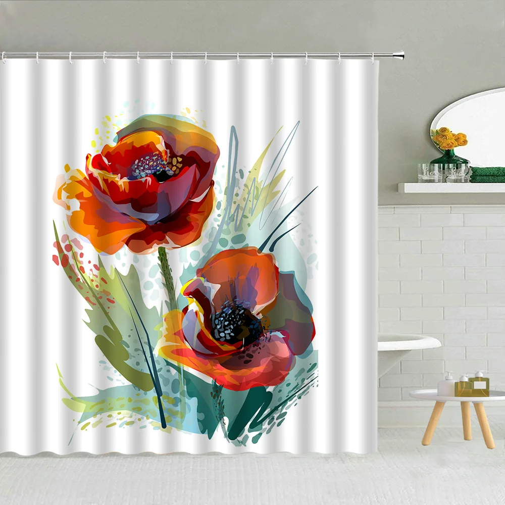 

Flower Spring Watercolor Aesthetic Pink Blooming Botanical Print Polyester Fabric Bathroom Curtain Set Floral Shower Curtains