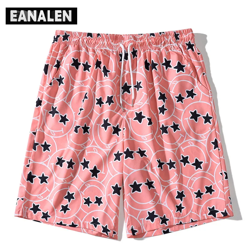 

2022 Summer Stars Smiley Graphic Beach Pants Men Surf Pink Oversized Pants Fashion Casual Shorts Sports Basketball Bermuda