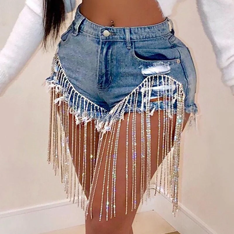2023 Summer Women Fashion Ladies Sexy Zipper Personality Temperament Skinny Ripped Beaded Fringe Denim Shorts Plus Size