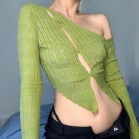 houzhou y2k t shirts women harajuku long sleeve sexy crop top aesthetic green irregular hollow out korean fashion knied tees