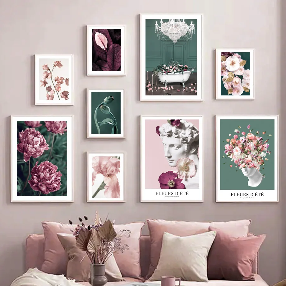 Цветущая статуя ванная розы розовые пионы бутоны тюльпанов картина на холсте печать настенное искусство постер нордический рисунок для декора гостиной.