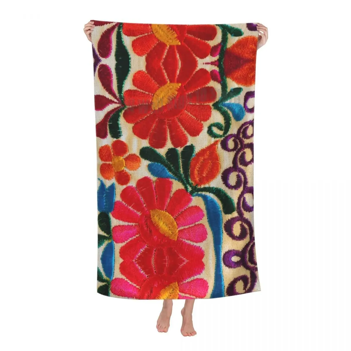 

Mexican Flowers Embroidery Art Beach Bath Towel Microfiber Textile Floral Folk Pool Towels