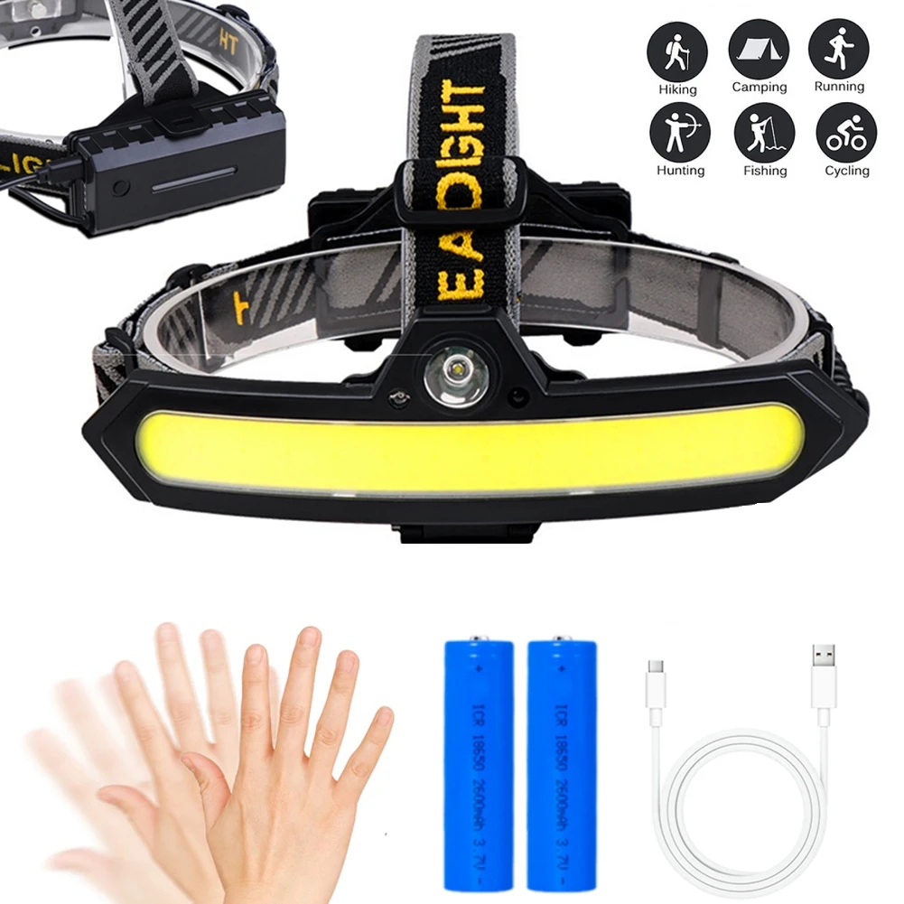 

Use 2*18650 Battery Long COB LED Headlamp 6 Lighting Mode Fishing head light Sensing USB Rechargeable Headlight Flashlight