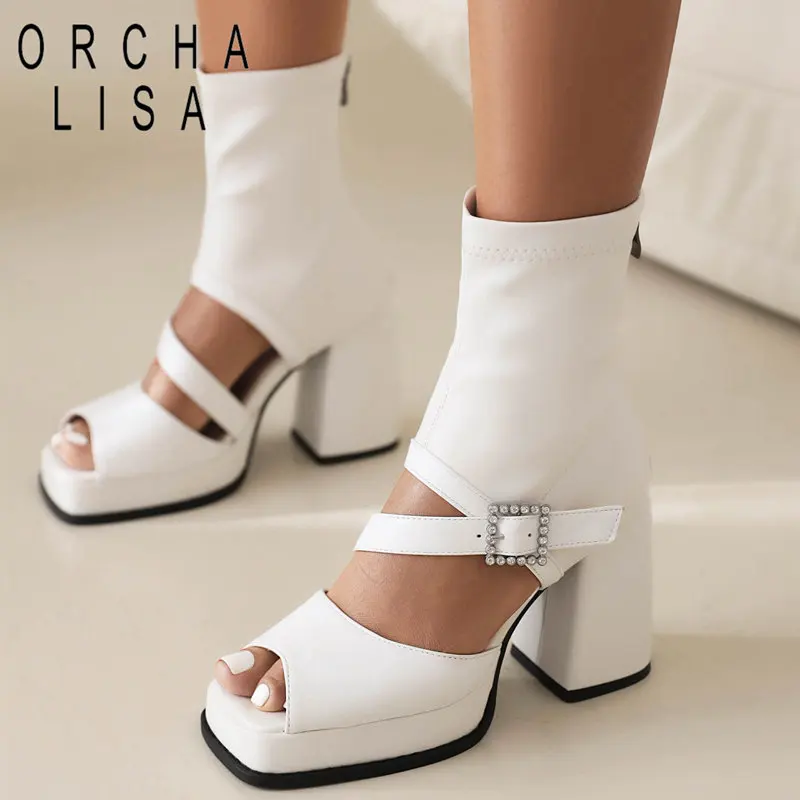 

ORCHA LISA Design Women Sandals Peep Toe Block Heels Zipper Belt Buckle Platform Summer Female Fashion Shoes Plus Size 41 42 43