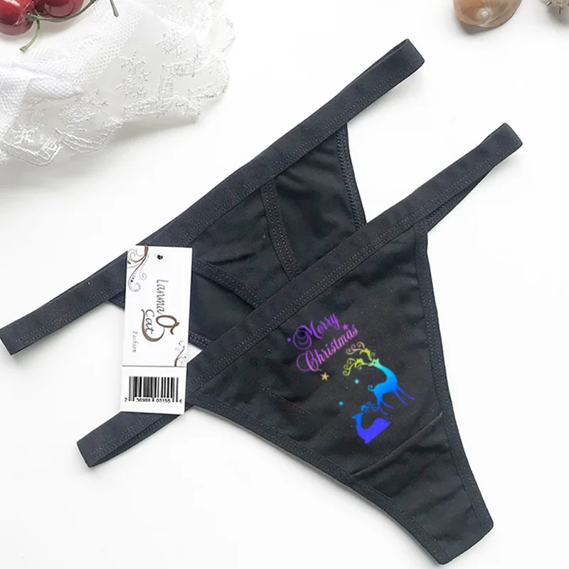 Reflective Printing Christmas Thongs Cotton Underwear For Women Sexy Xmas G String Panties Female Lingerie G-String Thong