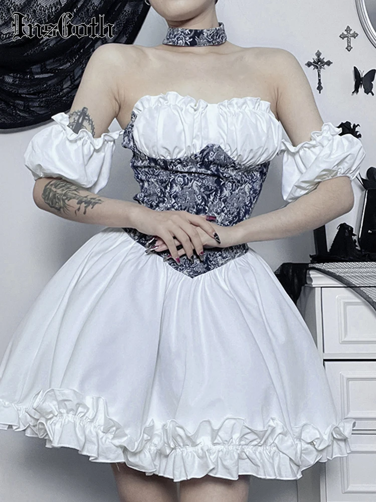 

InsGoth Goth Y2K Floral Corset Patchwork Mini Dress Women Off Shoulder High Waist American Retro Birthday Party A Line Dresses