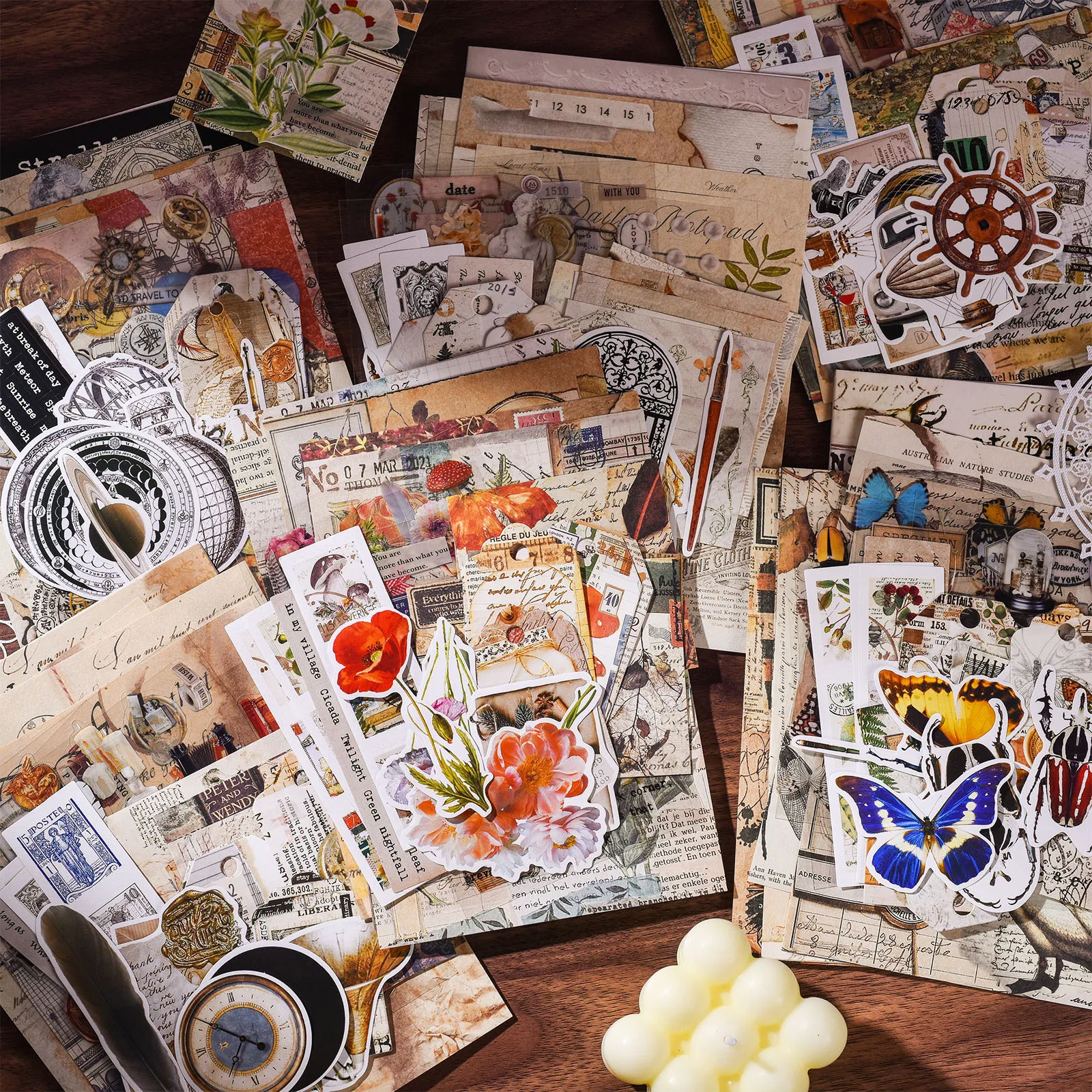 

SKYSONIC 60pcs/Pack Retro Materials Pack With Scrapbooking Stickers Junk Journal Paper Stamp Decorative Papers DIY Stationery