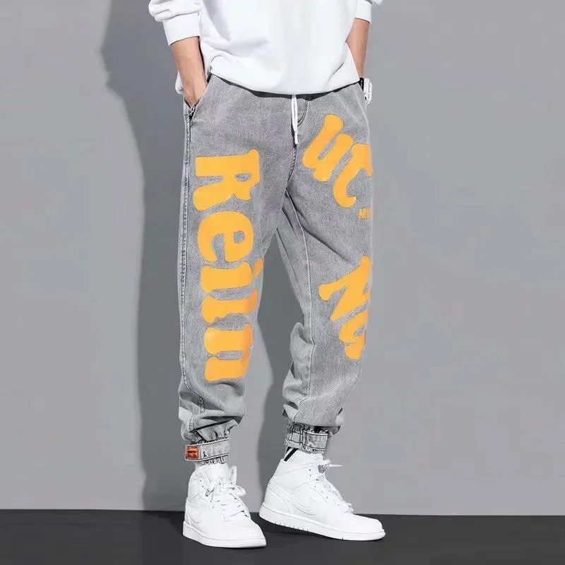 Streetwear Vintage Jeans Hip Hop Jeans Harem Pants Men's Casual Graffiti Printing Loose Jeans Fashion Mid Waist Lace-up Jeans