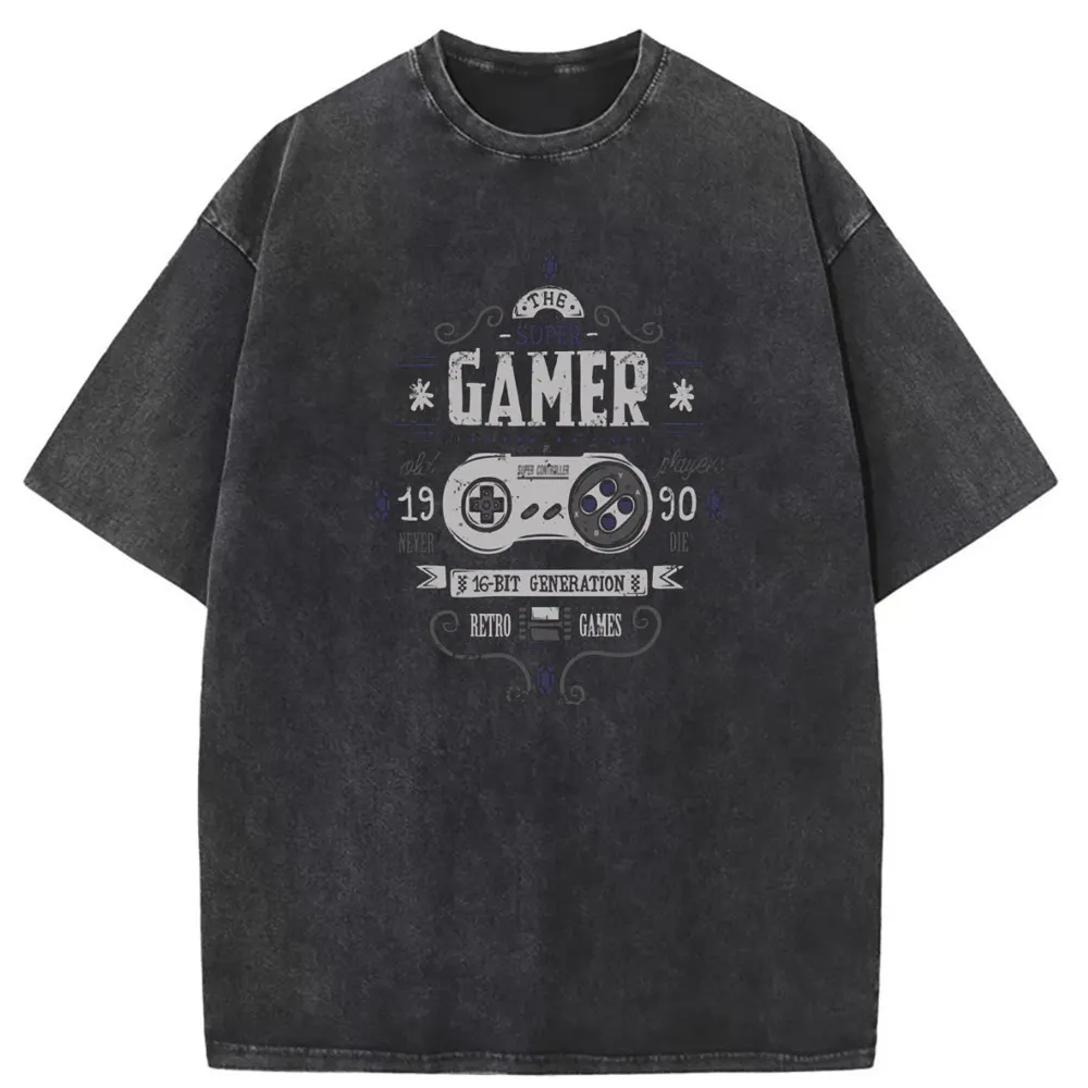 

The Super Gamer Funny Men Washed Tshirt Vintage Retro Preppy Style Sweatshirts Long Sleeve Summer Print Game T Shirt for Men