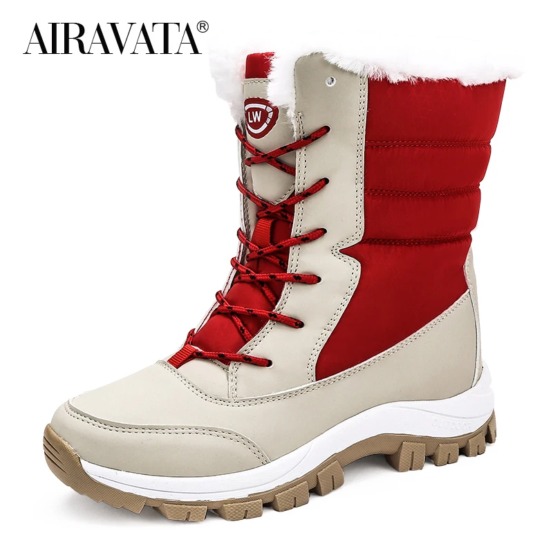 Women Boots Winter Plush Warm Anti-skid Artificial Leather Chunky Shoes Female Walking Footwear Zapatos De Mujer Size 36-42