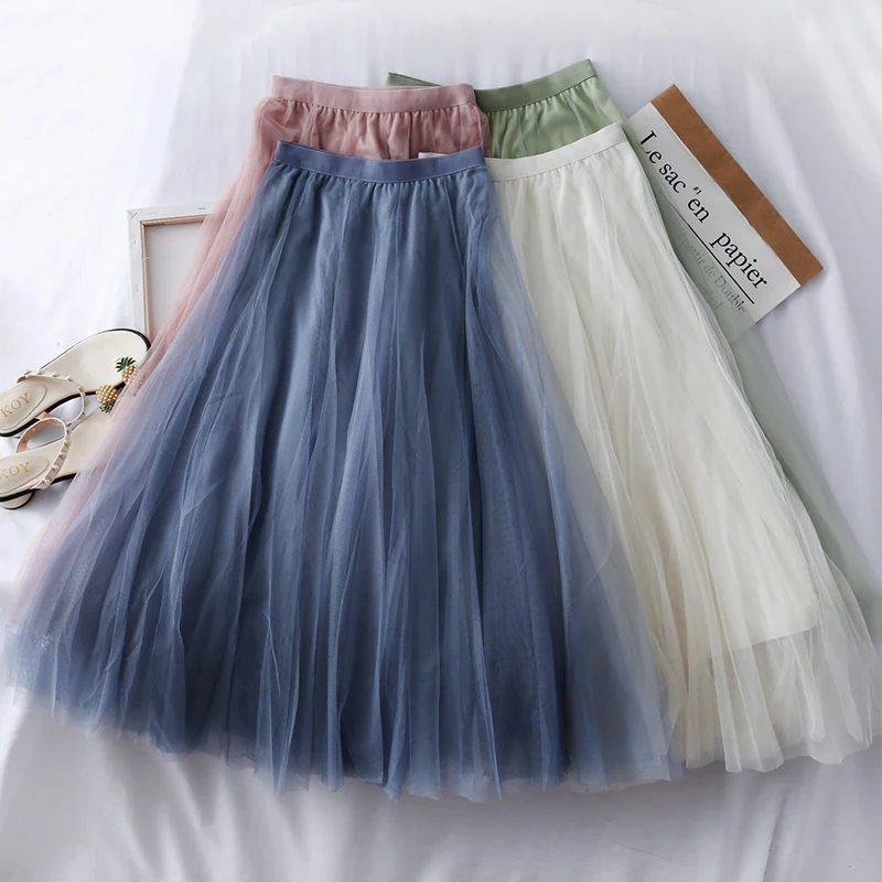 

Women Chic Pleated Mesh Full Skirt High Waist Elegant Korean Fashion Fairycore A-line Sweet Casual Summer Clothing