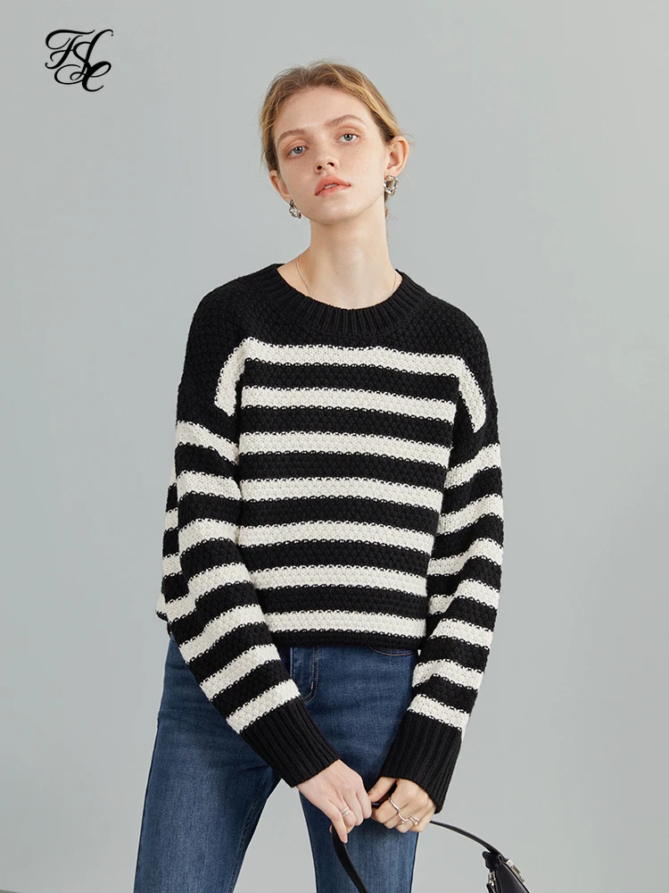 

Женский полосатый пуловер fansilзанен, Свободный Повседневный свитер с круглым вырезом, с подкладкой, черный, белый, для зимы