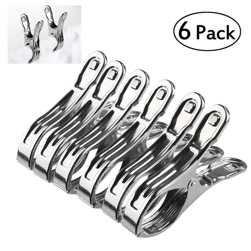

ULTNICE 6pcs Stainless Steel Large Beach Towel Clips Plastic Clothespins Clothes Pegs Clothes Hanger Clamp
