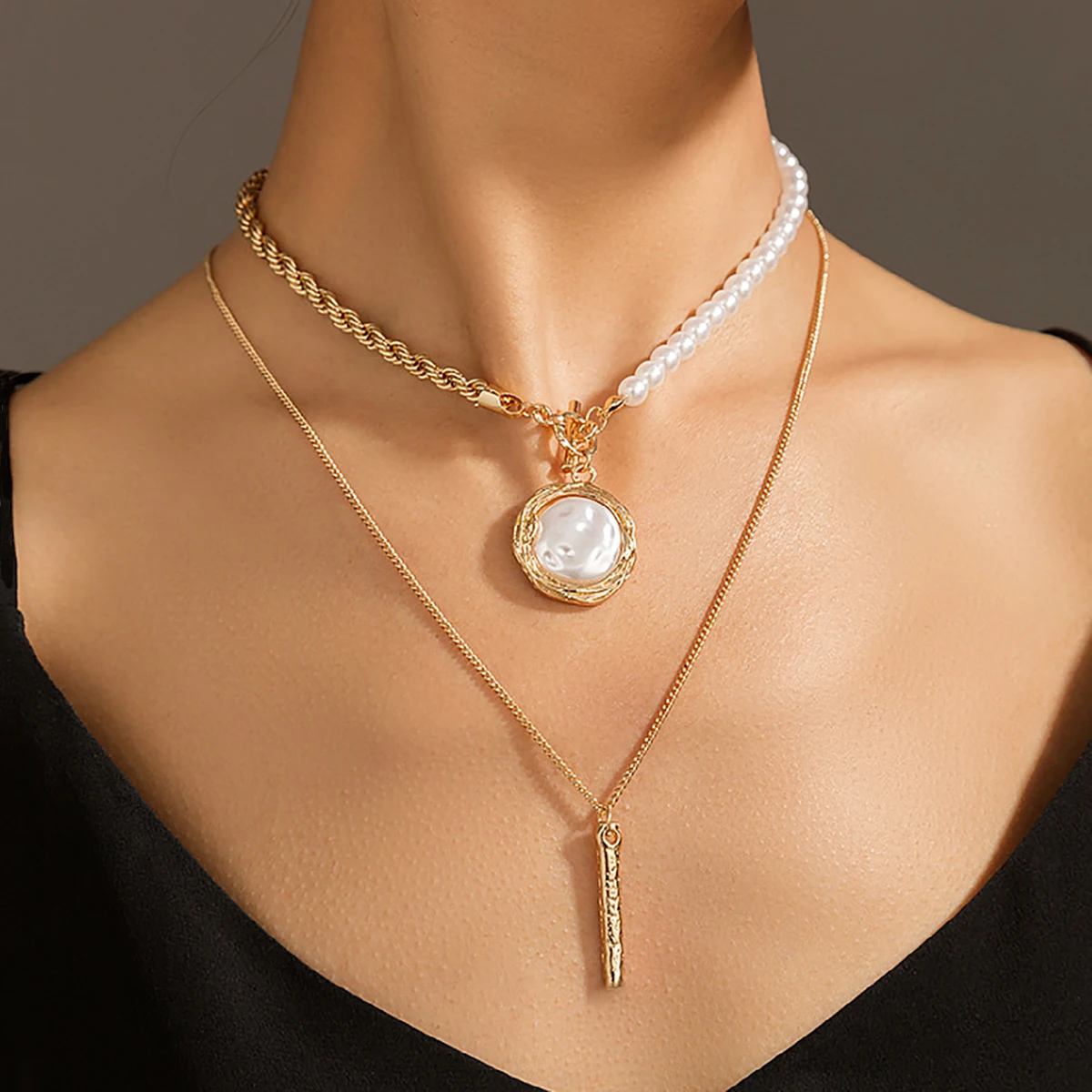 

Asymmetrical Chain with Coin/Stick Pendant Necklace for Women Layered Pearl Beaded Chains Necklace Set 2022 Fashion Neck Jewelry