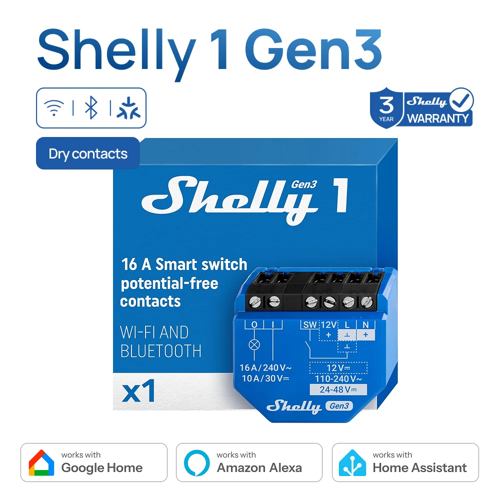 

Умное реле Shelly 1 Gen3 с сухим контактом, управление по Wi-Fi и Bluetooth, поддержка низковольтного питания, защита от перегрева