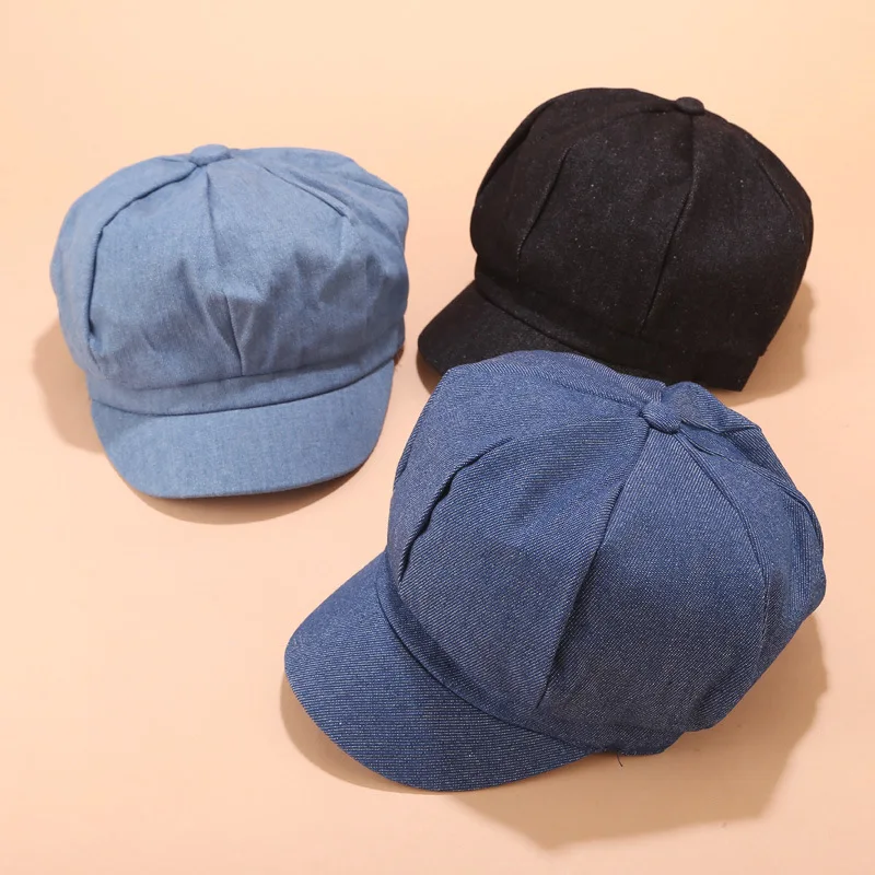 

Однотонные джинсовые шапки в британском стиле для женщин, восьмиугольная кепка газетчика, Женская Повседневная Солнцезащитная шляпа, берет, женская кепка художника, кепки для женщин