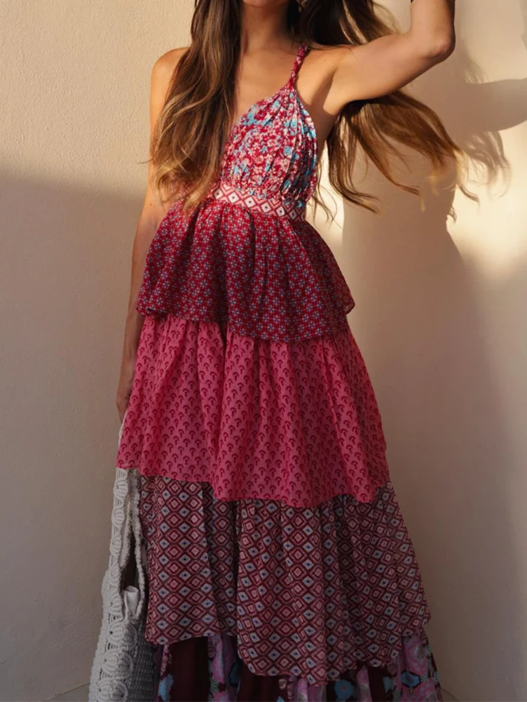 

TRAF New Printed Laminated Ruffle Dress For Women 2023 Summer Holiday Style Fashion Female Deep V-Neck Sleeveless Backless Dress