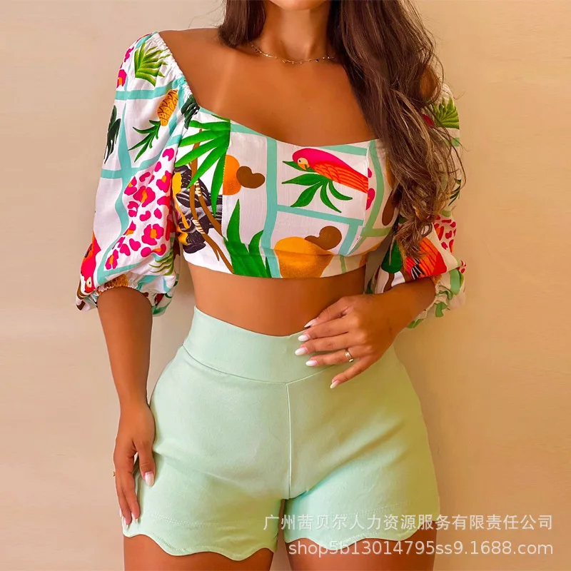 

Mandylandy Women Elegant Bohemian Outfits Summer Fashion Short Sleeve V Neck Crop Top Shirt Elastic High Waist Shorts 2 Pcs Set
