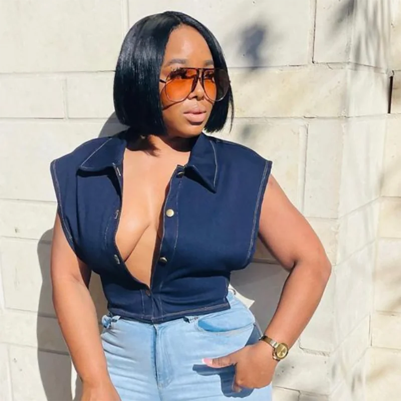 

Пикантный джинсовый женский жилет с вырезами, однобортные шорты без рукавов, топы, летняя уличная одежда, модная женская джинсовая майка в К...