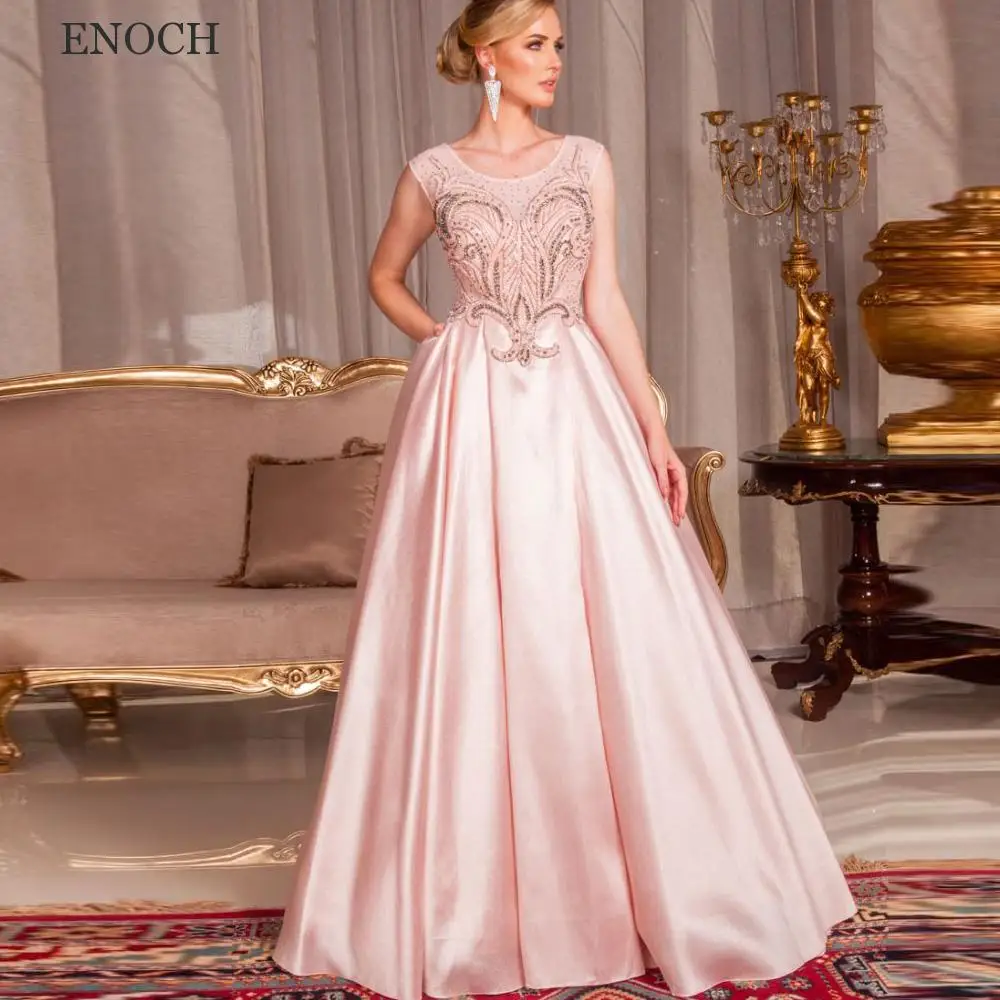 Купи ENOCH Elegant O-Neck A-Line Prom Dresses Lace Appliques Sleeveless Party Dresses Satin Floor Length Robes De Soirée High Quality за 6,325 рублей в магазине AliExpress