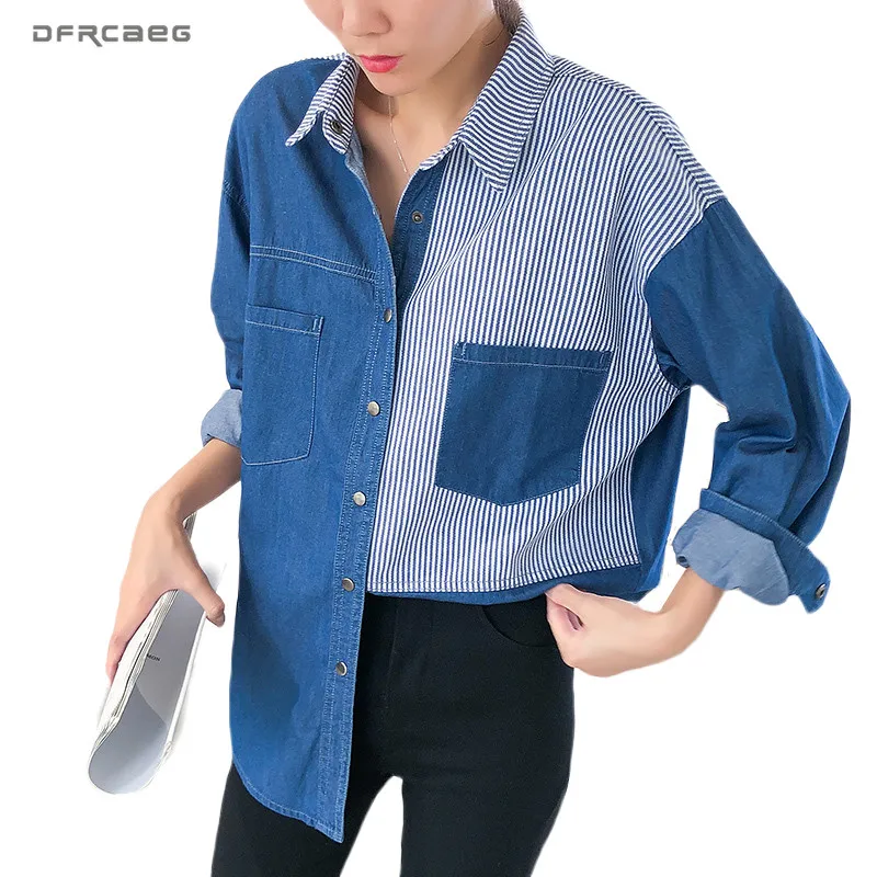 

Loose BF Patchwork Striped Jeans Blouses For Women 2020 Autumn Streetwear Vintage Ladies Long Sleeeve Denim Shirt Top Female
