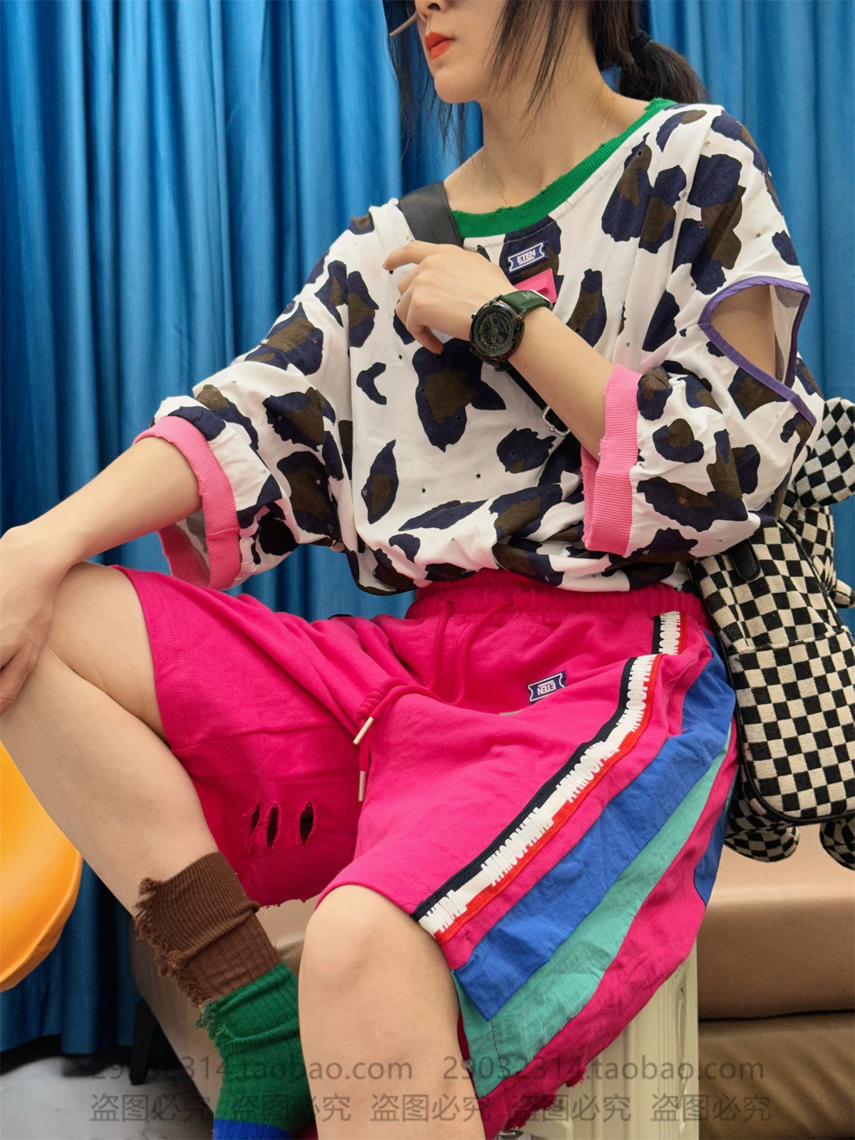 Contrast Color Casual Sports Broken Holes Shorts Pants Women's 2023 Summer New High Waist Wide Leg Short Pants Loose Shorts