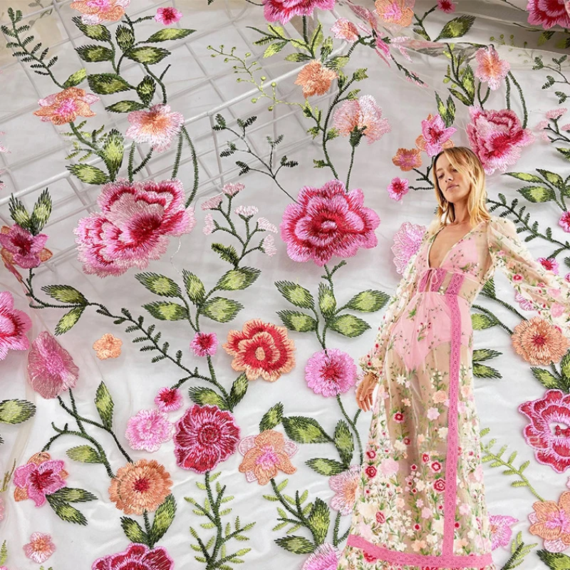Вышитая Тюлевая кружевная ткань розовая Цветочная сетка для шитья платья