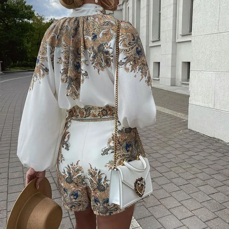 Women's Jumpsuit Shorts Long Sleeve Pearl Neckline Floral Geometric Print Long Sleeve Top Shorts Set Two Piece Summer Vacation