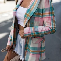 2021 new lapel plaid blazer women double breasted suits jacket ladies loose long sleeve mujer vestido jackets for women