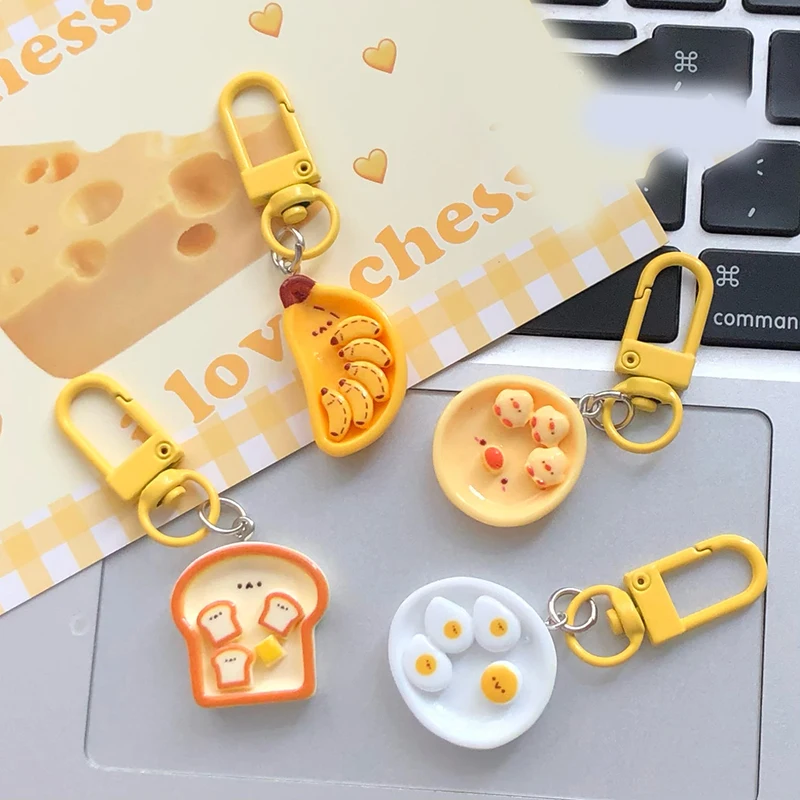 

1PCS Mini Cute Cartoon Poached Egg Banana Toast Keychain Creative Breakfast Food Keyring Backpack Decoration Bags Pendant