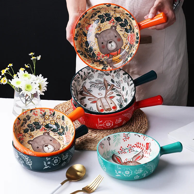 

Creativity of single-handle ceramic bowl forest animal bowl Cartoon ceramic bowl breakfast salad bowl roast rice bowl ramen bowl