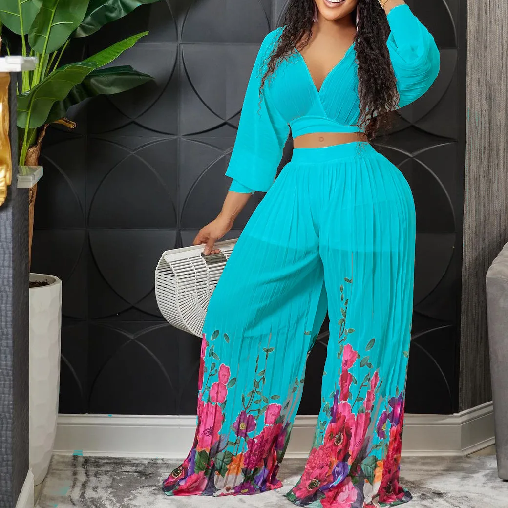 2022 Summer Women V-neck Bat Sleeve Chiffon Short Top Pleated Wide Leg Pants Two-piece Set