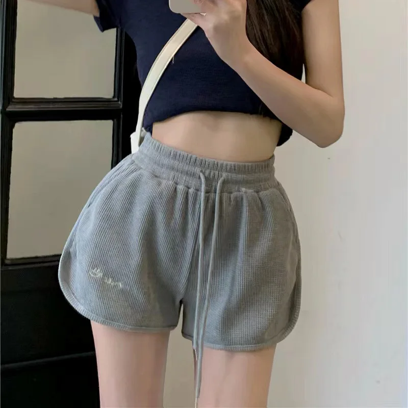 Women Waffle Shorts Casual Loose Letter Embroidery Ladies Shorts Korean Fashion All-match Wide Leg Hot Pants Female Sports Short