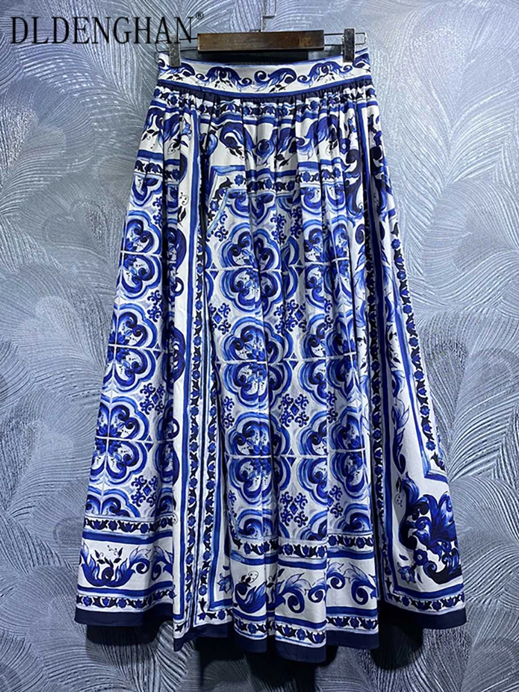 DLDENGHAN 100% Cotton Skirt Summer Spring New Fashion Design Women Runway High Quality Dark Blue Flowers Print