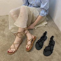 2022 new summer roman open toe sandals womens thin belt thin heel flat bottom womens casual shoes with round head long lace