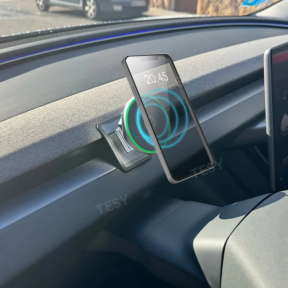 Фото Для Tesla Model Y Launch 2025 Model 3 Highland 2024 Держатель для телефона Магнитное крепление для iPhone Беспроводное зарядное устройство Быстрая зарядка 15 Вт №4