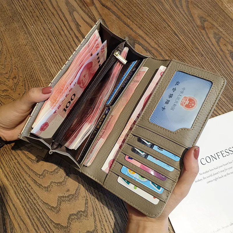 New Genuine Leather Women Wallets Letter Print Long Wallet First Layer Cowhide Clutch Bags For Ladies Two-tone Purse Billfold