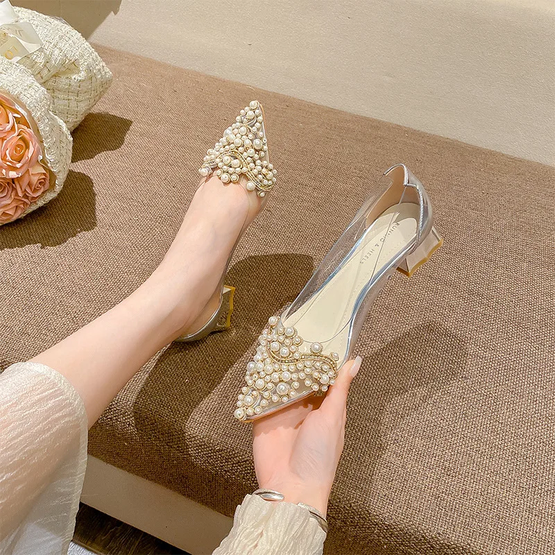 

3cm Fashion New Low Heels with Beaded Rhinestone Pointed Toe Transparent Pumps Ladies Dress Shoes for Women 41 42 43