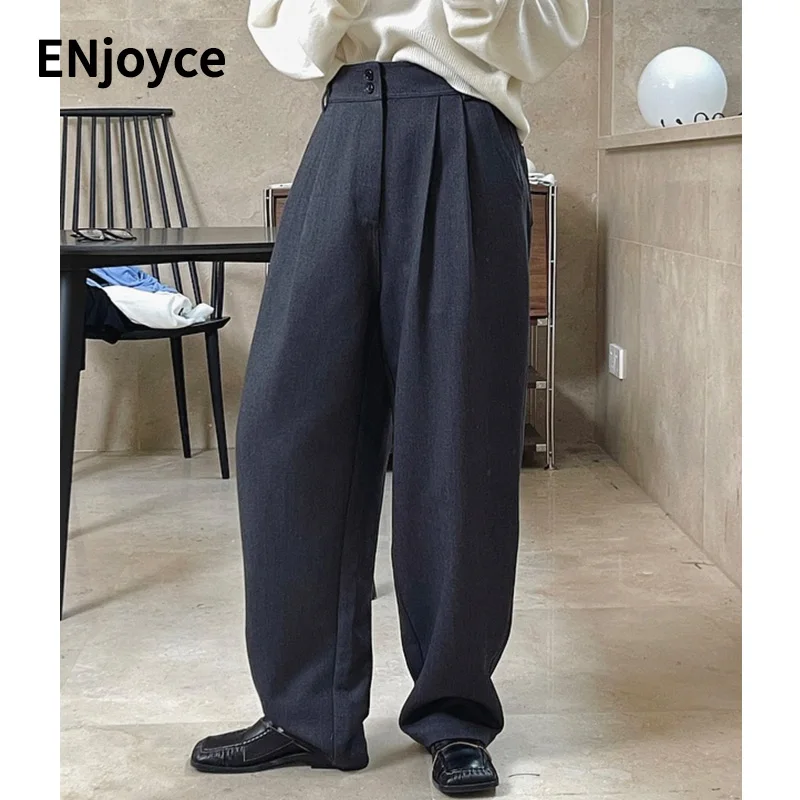 2022 Winter Vintage Grey Wide Double Pleated Wide Leg Pants Women High Waist Loose Pants Fashion Ladies Straight Trouser