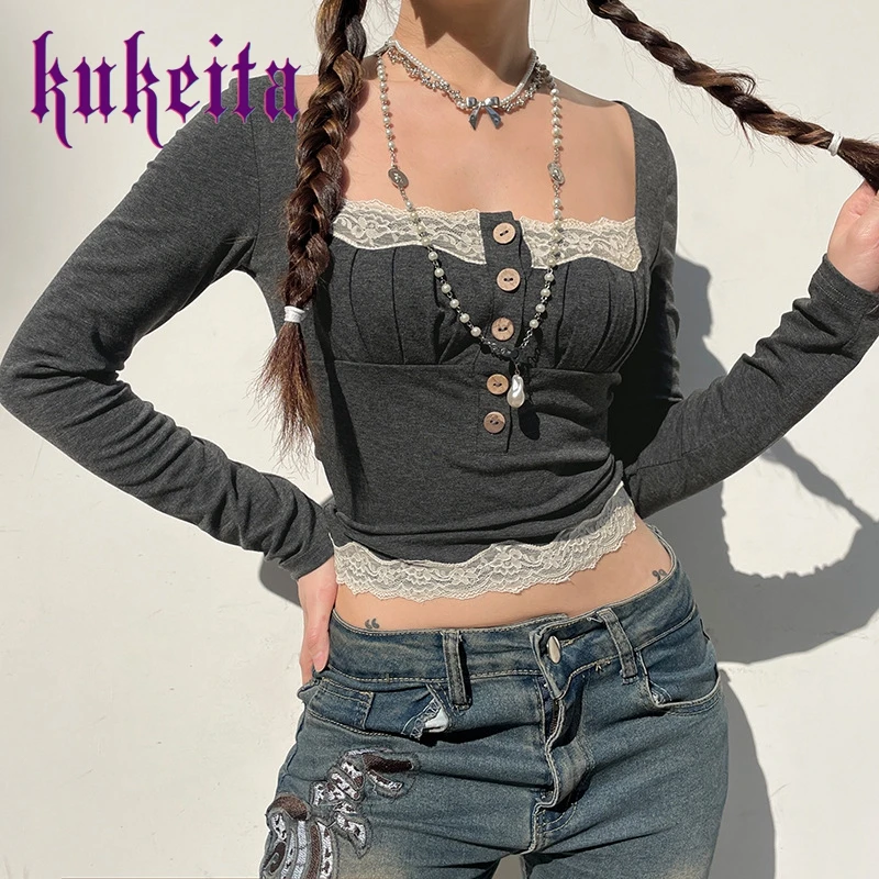 

Harajuku Punk Lace Patchwork Sweet Square Collar Tops Kawaii Print T-shirt Y2K Women Casual Long Sleeves Tee Shirts Streetwear