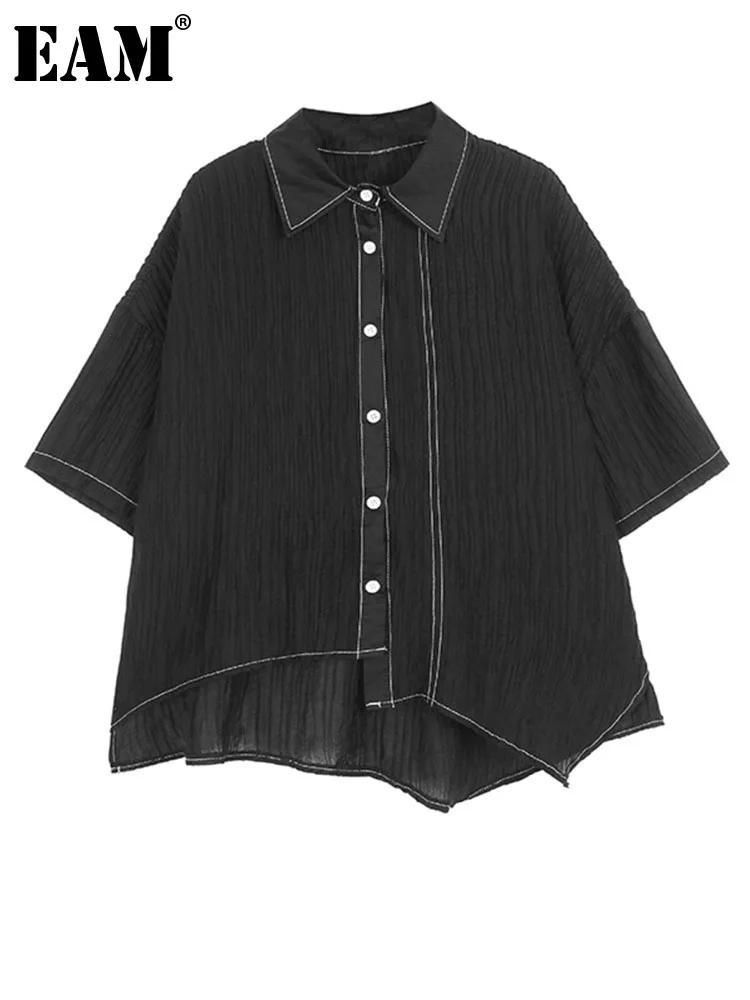 

[EAM] Women Black Irregular Pleated Big Size Thin Blouse New Lapel Short Sleeve Loose Fit Fashion Spring Summer 2023 1DF8490