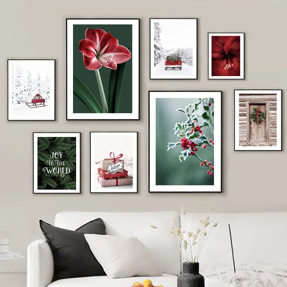 

Картина для рождественских саней, красный мраморный кедр, дверной венок, фотография стен, Художественная Картина на холсте, картина RoomDecoration, картина