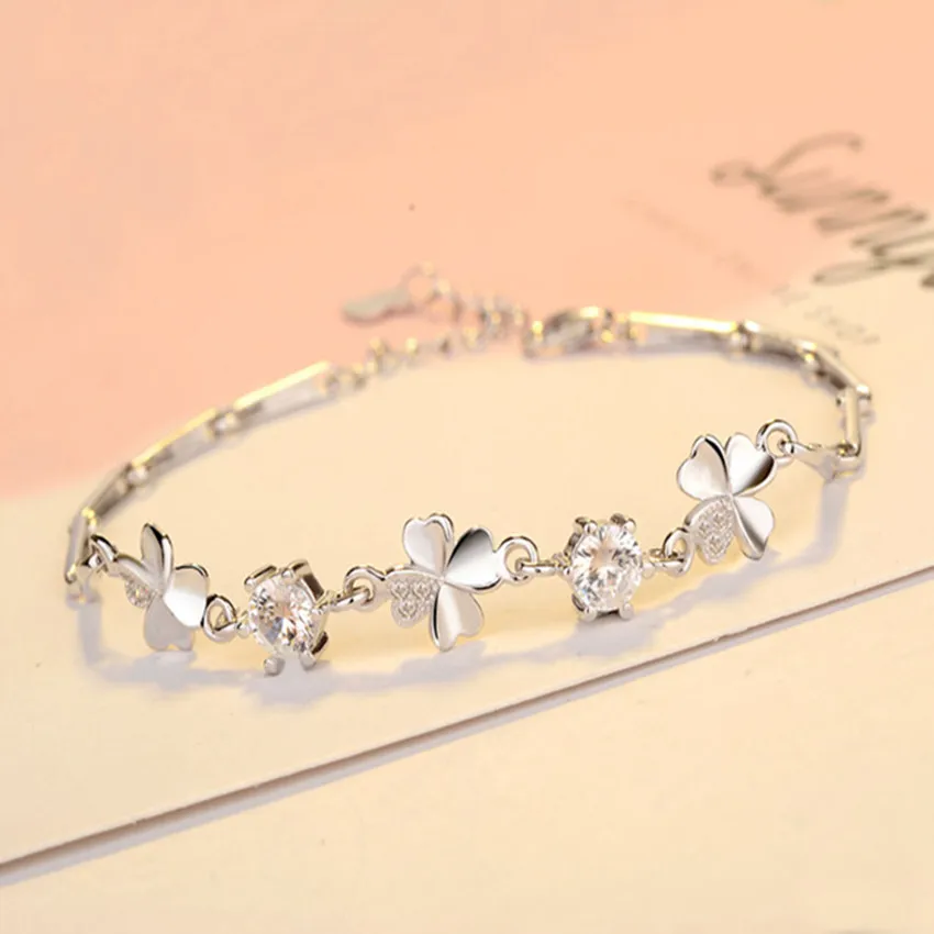 Фото 925 серебряные циркониевые браслеты в форме счастливого клевера женский подарок