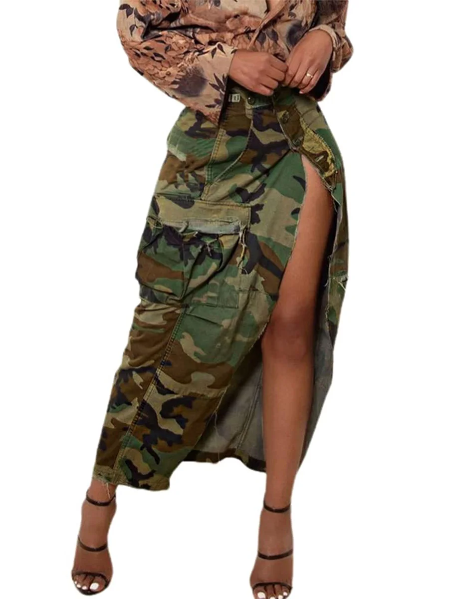 

FeMereina Jupe cargo décontractée pour femme - Taille haute - Camouflage - Jupe longue Y2k avec fente latérale - Jupe longue