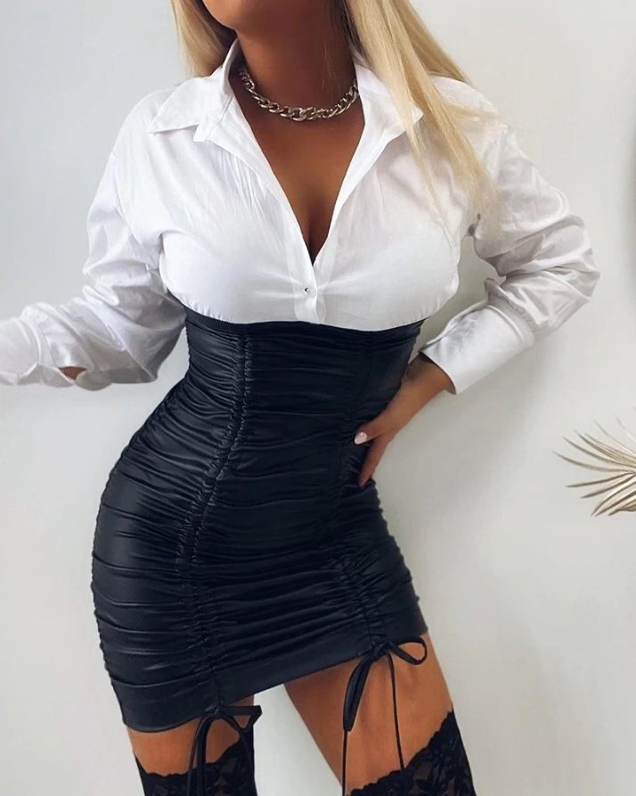 

PU Leather Patch Drawstring Ruched Buttoned Bodycon Nightclub Sexy Dress 2022 Autumn Europe and America Fashion Women's Clothing