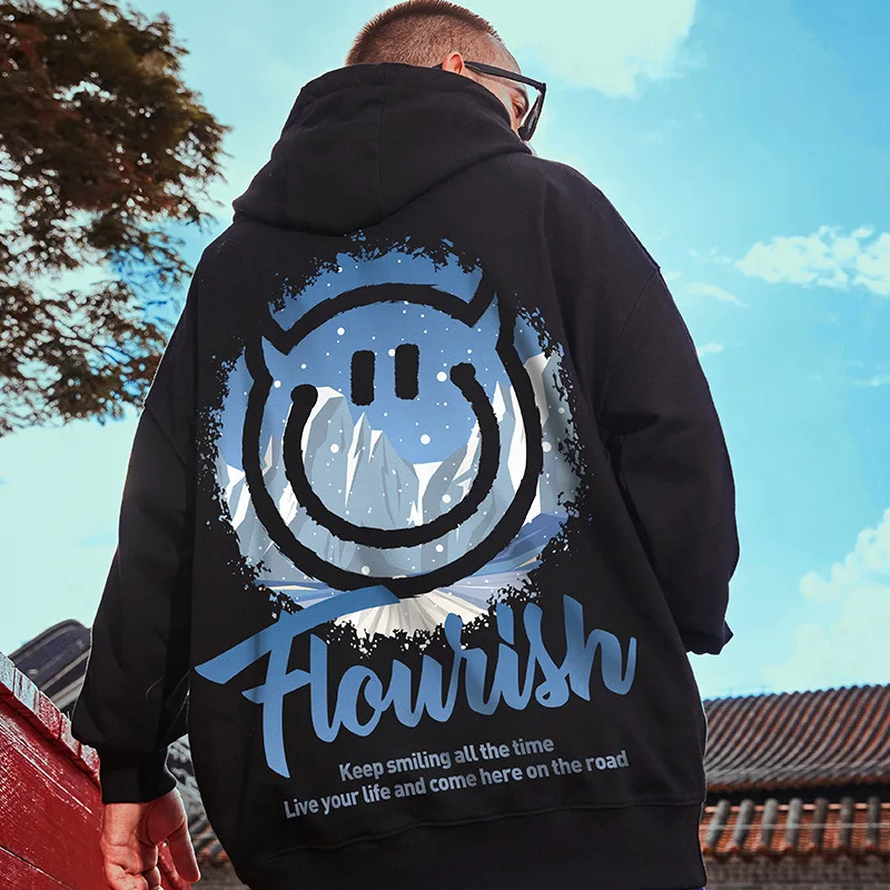 

Hip Hop Streetwear Harajuku Mens Oversize Hoodies Sweatshirts Funny Cartoon Smiling Print Plus Fleece Pullover Fashion Clothing