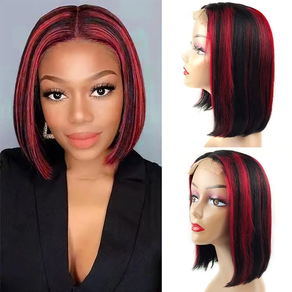 LS Highlight Wig Ombre P1/Red Straight Short Bob Wig Human Hair Middle T Part Lace P4/27 Ombre Lace Closure Wigs For Black Women