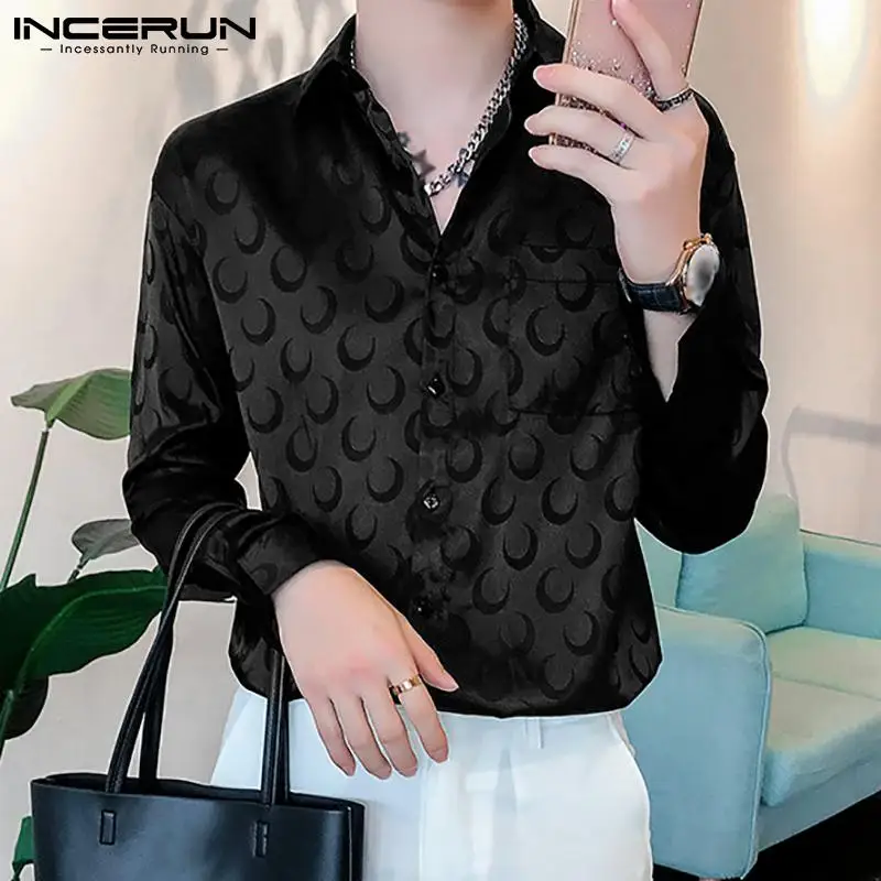 Stylish All-match Simple New Men's Hot Sale Blouse Fashion Casual Moon Jacquard Satin Long-sleeved Shirt S-5XL INCERUN Tops 2022