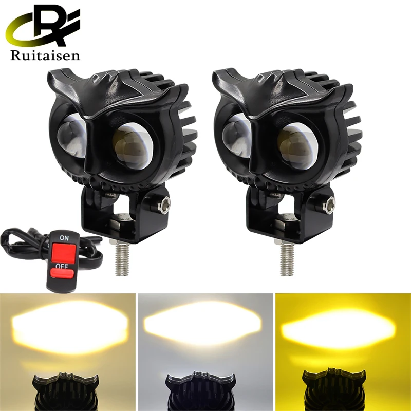 

Motorcycle Headlight LED Spot Light White Yellow Driving Lamp Dual Color Owl Headlights 10V-80V for Street Bike Car ATV Scooter