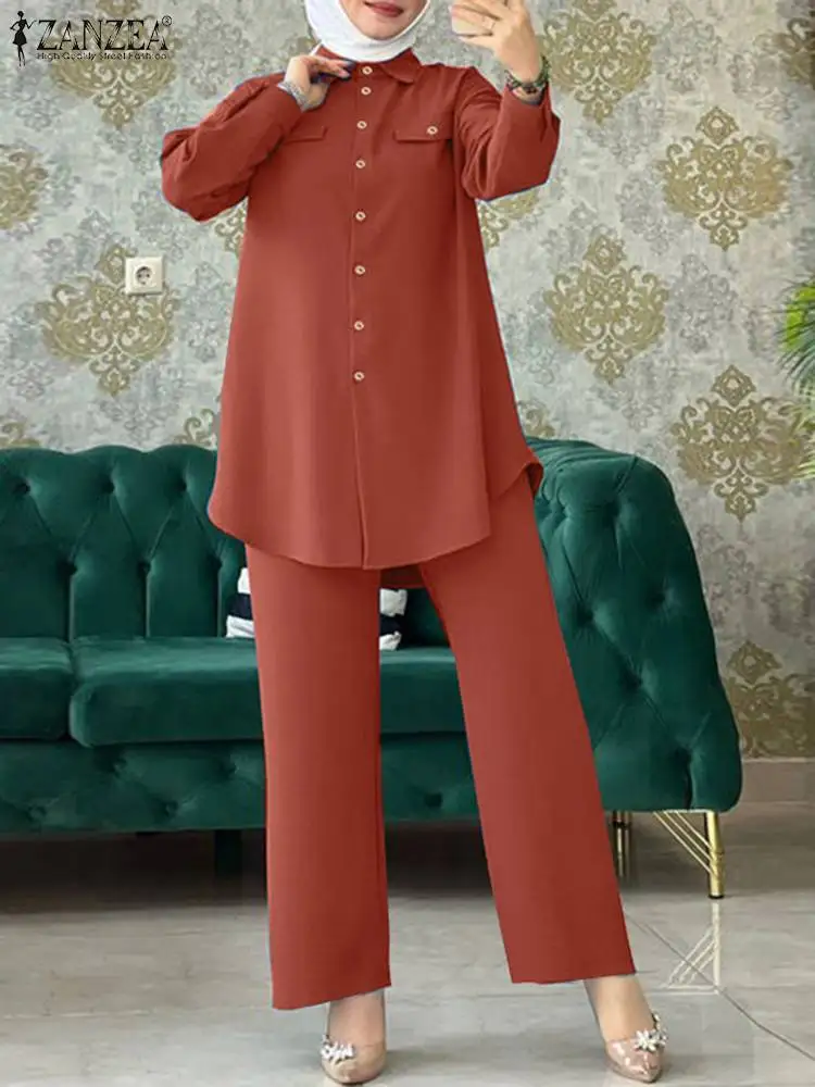 

ZANZEA Muslim Tracksuits Woman Matching Sets Long Sleeve Shirt Turkey Abaya Trousers Suits Loose Pant Sets Ramadan Outfits 2023